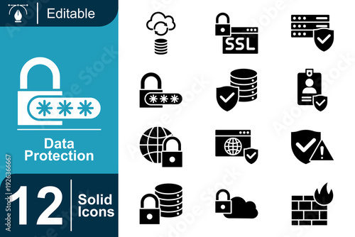 Data Protection Icons Secure Lock, Firewall, SSL, Database, Cloud, Password, and Network Security Symbols for Digital Safety