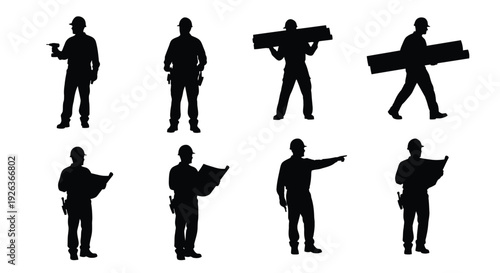 Construction workers and heavy machinery silhouettes against a white background