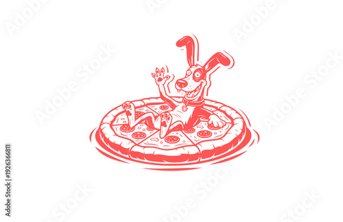 Funny dog on Pizza Pool Float Sticker Silhouette. Quirky Surreal Silliness and Humorous Character Design Vector.