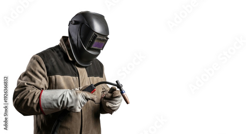 Professional Industrial Welder in Helmet Holding Torch on Black Background Studio Shot