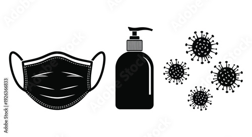 Black and white illustration of a face mask hand sanitizer and virus particles