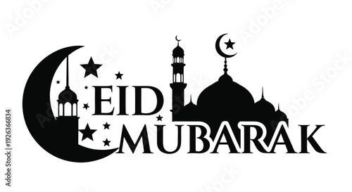 Eid mubarak greeting with crescent moon stars and mosque silhouette illustration