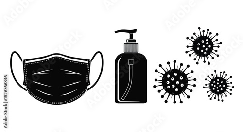 Protective face mask hand sanitizer and coronavirus illustrations on white