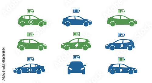 Illustrative icons of various car models with charging status indicators