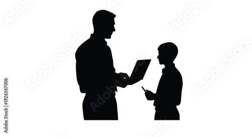 Father and son interacting with a laptop in a silhouette style