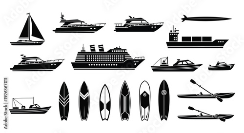 Collection of various watercraft and boards in black and white silhouettes