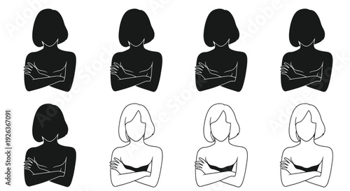 Four pairs of stylized female silhouettes with arms crossed