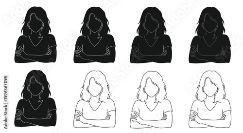 Set of eight black and white silhouettes depicting women with arms crossed