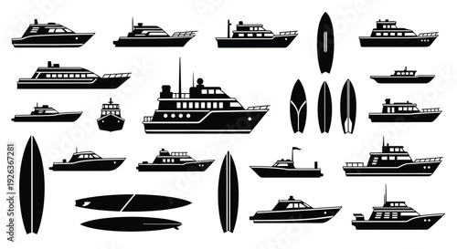 Collection of various black silhouettes depicting boats yachts and surfboards