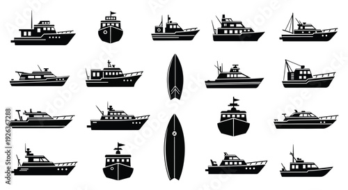 Collection of black silhouette icons depicting various types of boats and watercraft