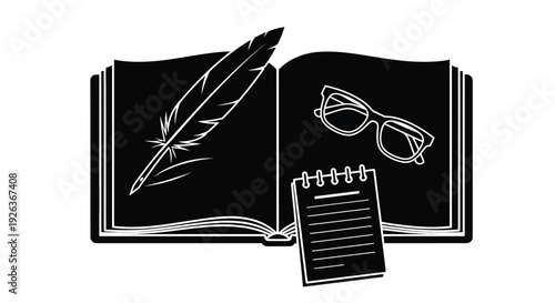 An open book with a feather quill glasses and notepad displayed