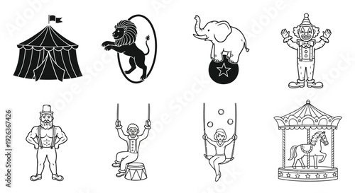 Black and white illustrations depicting various circus performers and attractions