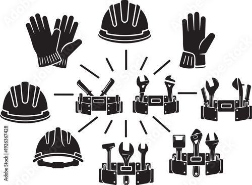Construction tools and safety equipment in black and white