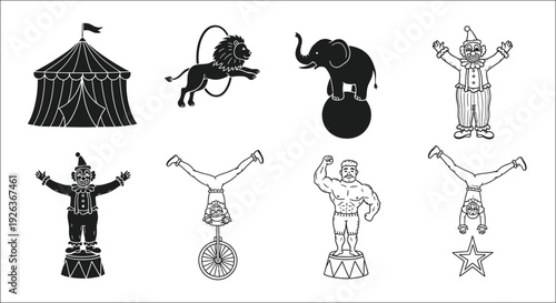 Vintage circus performers and animals in a minimalist black and white style