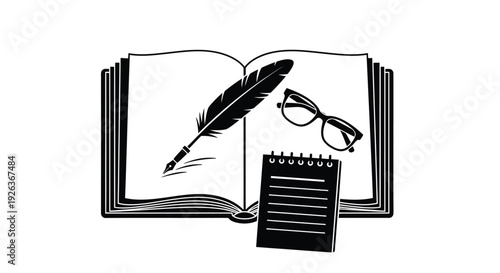 An open book with a feather quill glasses and a small notepad