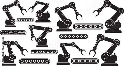 Industrial robotic arms and conveyor belts in black icons