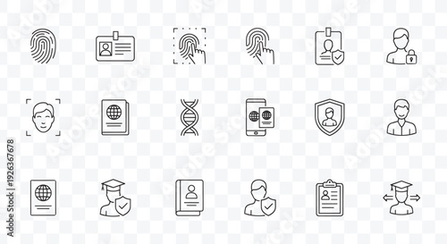 Identity, Biometric and Data Security Line Icons Set. User Authentication, Passport, Fingerprint and Face Recognition.