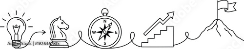A sequence of black and white sketch icons illustrates a business journey from initial idea generation through strategic planning to final goal accomplishment on a mountaintop.