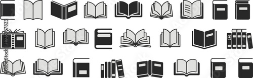 Collection of thirty book icons including open, closed, stacked, and bookmarked designs in minimalist black and white style for education, literature, and creative design resources