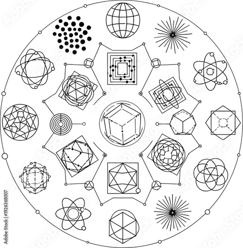 A circular mandala design features various geometric shapes, atomic models, and abstract scientific symbols arranged symmetrically.