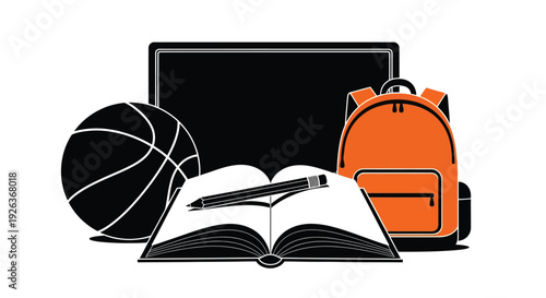 School supplies and sports equipment arranged in a flat lay composition