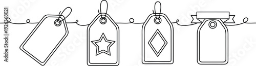 Four blank string tags with different shapes hang from a thin line in a simple outline drawing.