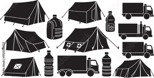 Camping and transportation icons in black and white style