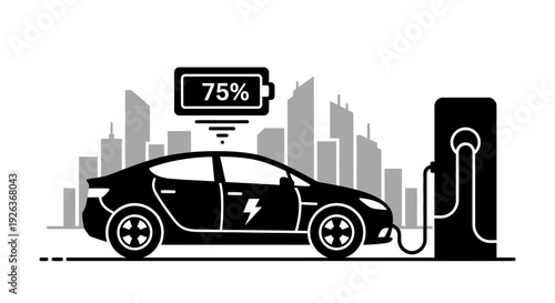 Electric Car Charging at Station Illustration.