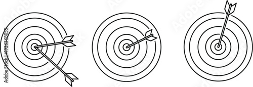 Three separate archery targets display distinct arrow placements indicating varying degrees of success in hitting the bullseye center point.