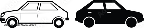Outlined and filled side-view car illustrations, compact sedan design icons for automotive graphics, transport signage, traffic design, urban planning, and user interface applications