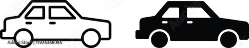 Outlined and filled car icons side by side, compact sedan design for automotive illustration, transport signage, UI iconography, traffic design, and urban planning concepts
