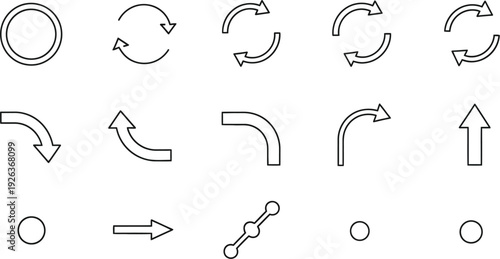 Various curved and straight arrow symbols illustrate changes in direction, rotation, and forward movement across the plane.