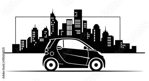 Electric Car Silhouette Against City Skyline.