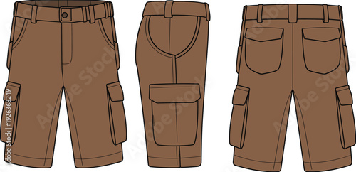 Flat vector CAD illustration of brown cargo shorts with side flap pockets, back pockets, belt loops, and knee-length design