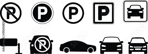 Parking and vehicle signage icons set with no parking, car symbols, parking meter, traffic signs, automotive silhouettes, and transport illustrations for urban design
