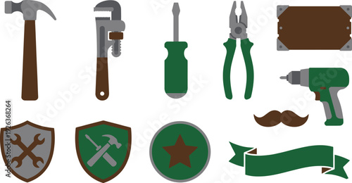 Home repair Father's Day illustrations with claw hammer pipe wrench grooved pliers wooden crate in forest green chocolate brown iron grey for DIY handyman branding design