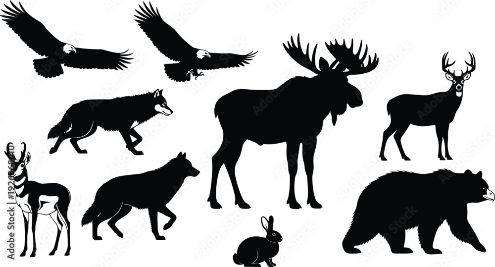 Fototapeta premium North American Wildlife Silhouette Vector Set Featuring Eagle Wolf Moose Bear Deer Pronghorn and Rabbit for Nature Conservation and Outdoor Graphics
