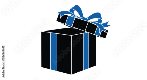 A stylized illustration of an open gift box with a blue ribbon