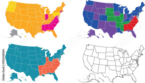 Four distinct graphical representations of the United States map display regional divisions and boundary outlines in various color fills.