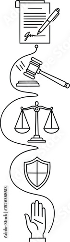 Legal process outline shows contract signing, gavel striking, scales of justice, a shield, and a raised hand symbolizing protection and rights.