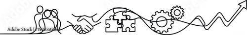 Teamwork illustration depicts a continuous line connecting figures, puzzle pieces, gears, and an upward trend arrow symbolizing progress.