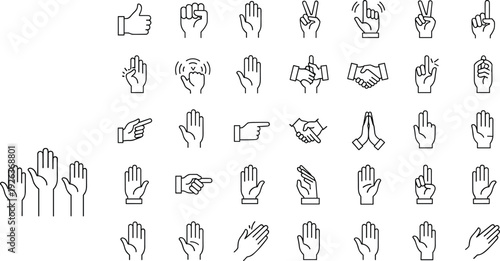 Hand Gestures Icon Set with Line Art Symbols for Communication, Interaction, Business Networking, Pointing, Clapping, Praying, and Finger Counting Vectors