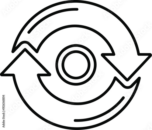 Circular icon with two opposing curved arrows around a central dot represents continuous workflow or synchronization process.