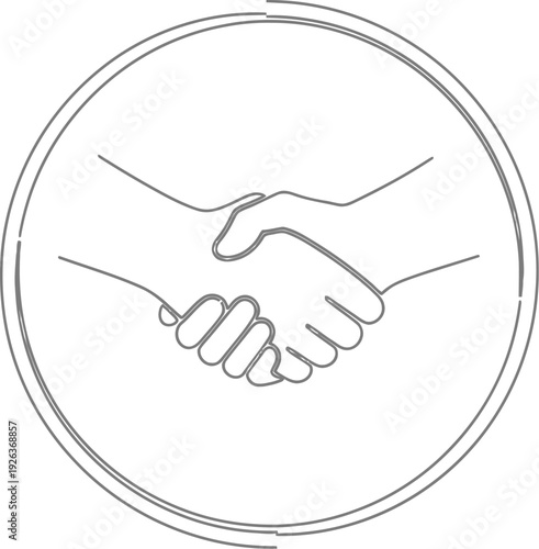 Monochrome line art icon shows two hands firmly clasped in a handshake gesture centered within a circular border.