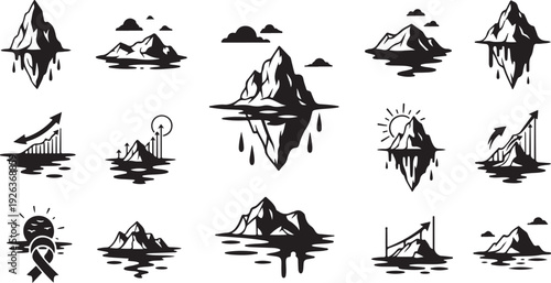 Black and white iceberg illustrations with various designs