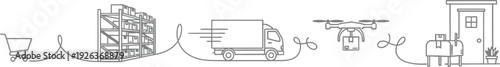 Simple line drawing depicts the sequential process of modern product delivery from a shopping cart to a residential home via truck and drone.