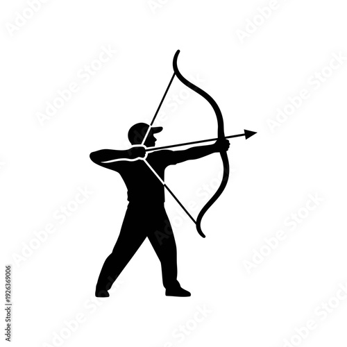 Focused archer taking aim with bow and arrow in motion