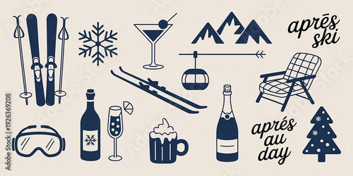 Winter ski resort apres ski including skis snowflake cocktail chairlift and drinks Keywords: skis, ski poles
