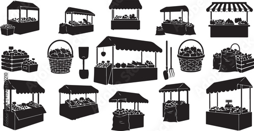 Black and white rural landscape silhouette icons set collection