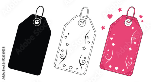 Three decorative gift tags in varying colors and designs are displayed